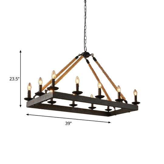 10-Head Rope Hanging Island Light: Industrial Metal Lamp In Black With Candle Design