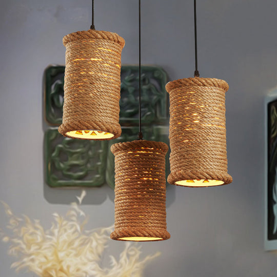 3-Head Brown Rope Pendant Light for Dining Room Ceiling with Round/Linear Canopy