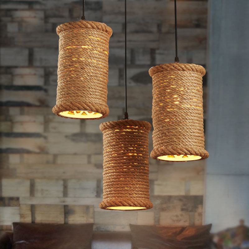 3-Head Brown Rope Pendant Light for Dining Room Ceiling with Round/Linear Canopy