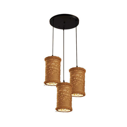 3-Head Brown Rope Pendant Light for Dining Room Ceiling with Round/Linear Canopy