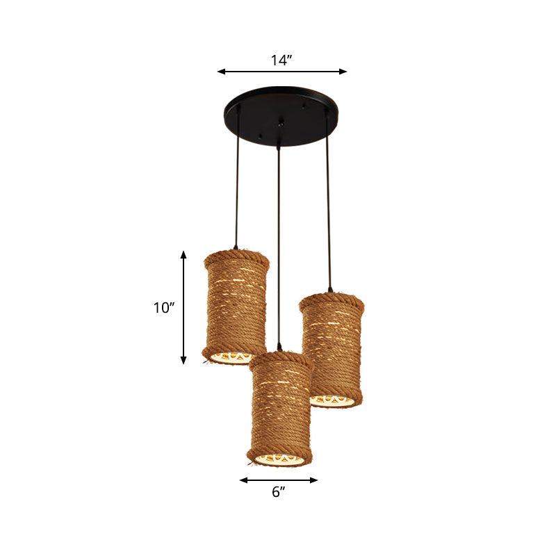 3-Head Brown Rope Pendant Light for Dining Room Ceiling with Round/Linear Canopy