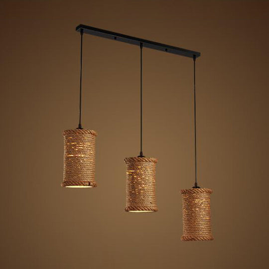 3-Head Brown Rope Pendant Light for Dining Room Ceiling with Round/Linear Canopy