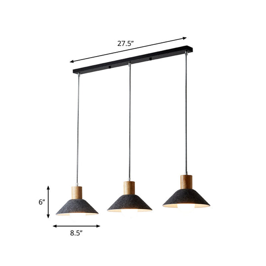 Industrial Grey Pendant Lighting With Conical Shape - 3 Lights Wooden Cap Perfect For Dining Room