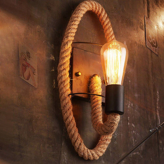 Modern Black 1-Light Rope Wall Sconce For Corridor With Exposed Bulb