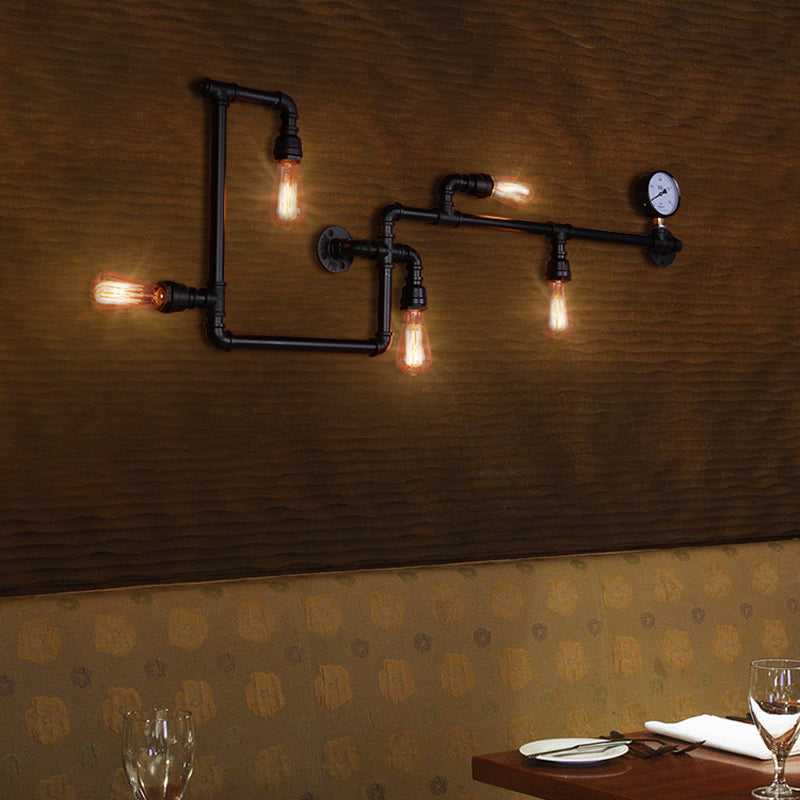 Modern 5-Head Wall Light Fixture: Maze Metallic Sconce In Black/Rust With Open Bulb & Gauge Deco