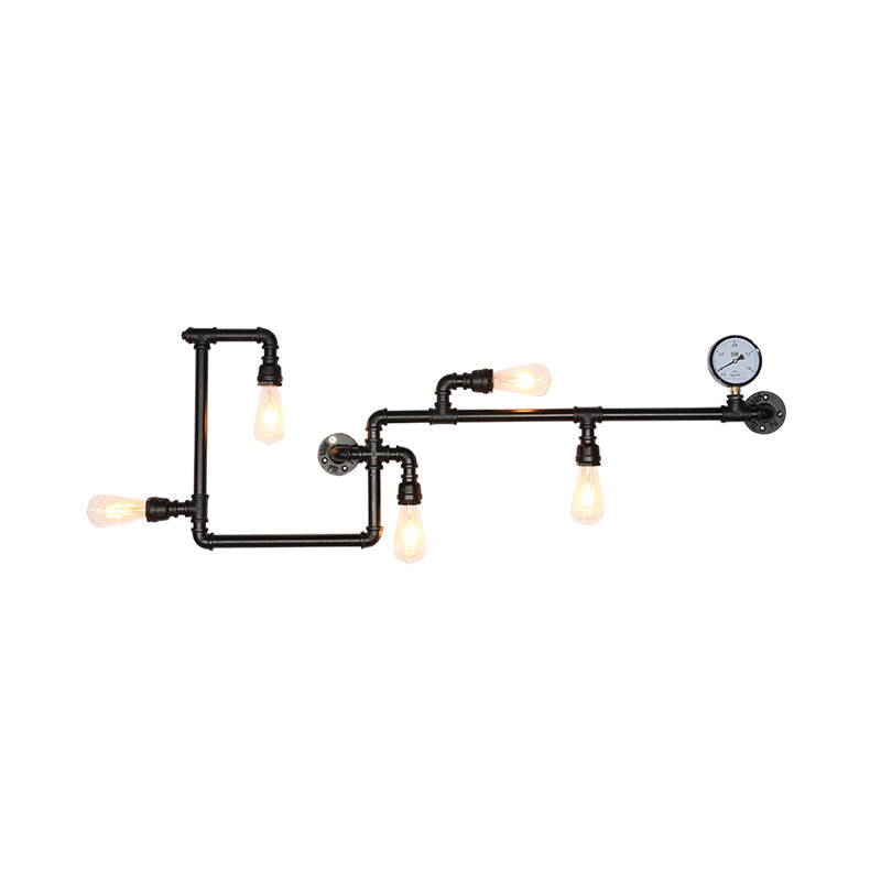 Modern 5-Head Wall Light Fixture: Maze Metallic Sconce In Black/Rust With Open Bulb & Gauge Deco