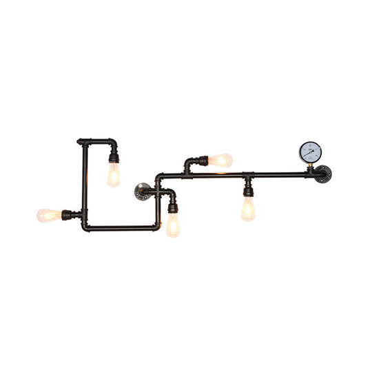 Modern 5-Head Wall Light Fixture: Maze Metallic Sconce In Black/Rust With Open Bulb & Gauge Deco