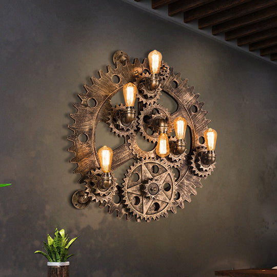 Industrial Iron Gear Wall Mount Sconce With Brass Finish And Exposed Bulb Design - 6 Lights