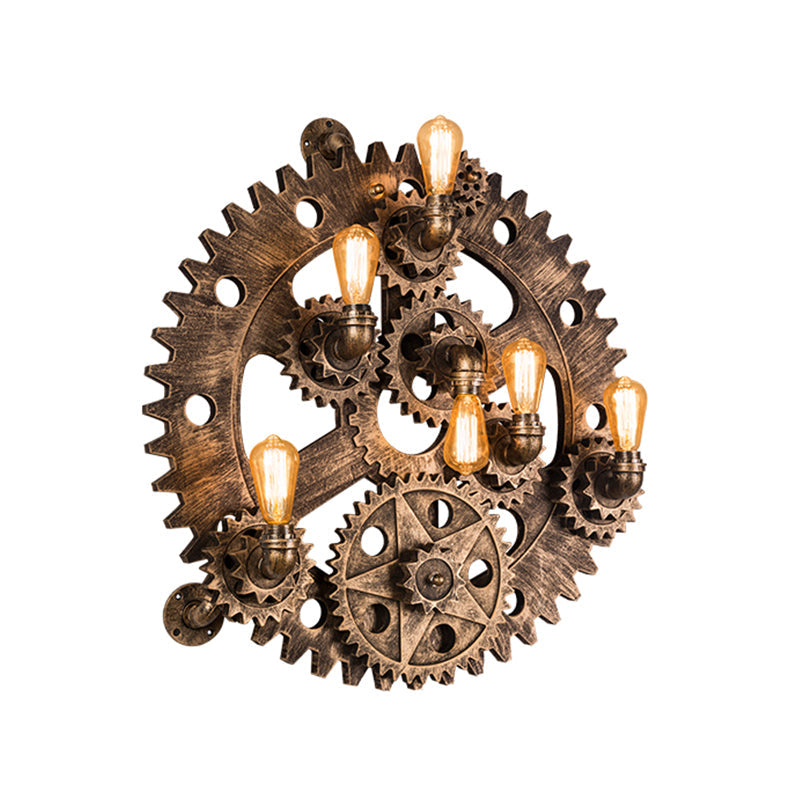 Industrial Iron Gear Wall Mount Sconce With Brass Finish And Exposed Bulb Design - 6 Lights