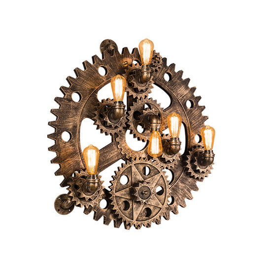 Industrial Iron Gear Wall Mount Sconce With Brass Finish And Exposed Bulb Design - 6 Lights