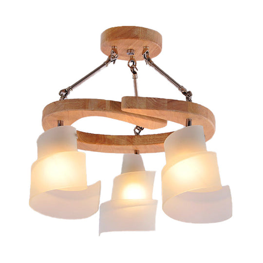 Nordic Frosted Glass Hanging Pendant Light With Spiral Design - Wood Circle Shade Pack Of 3/5 Bulbs