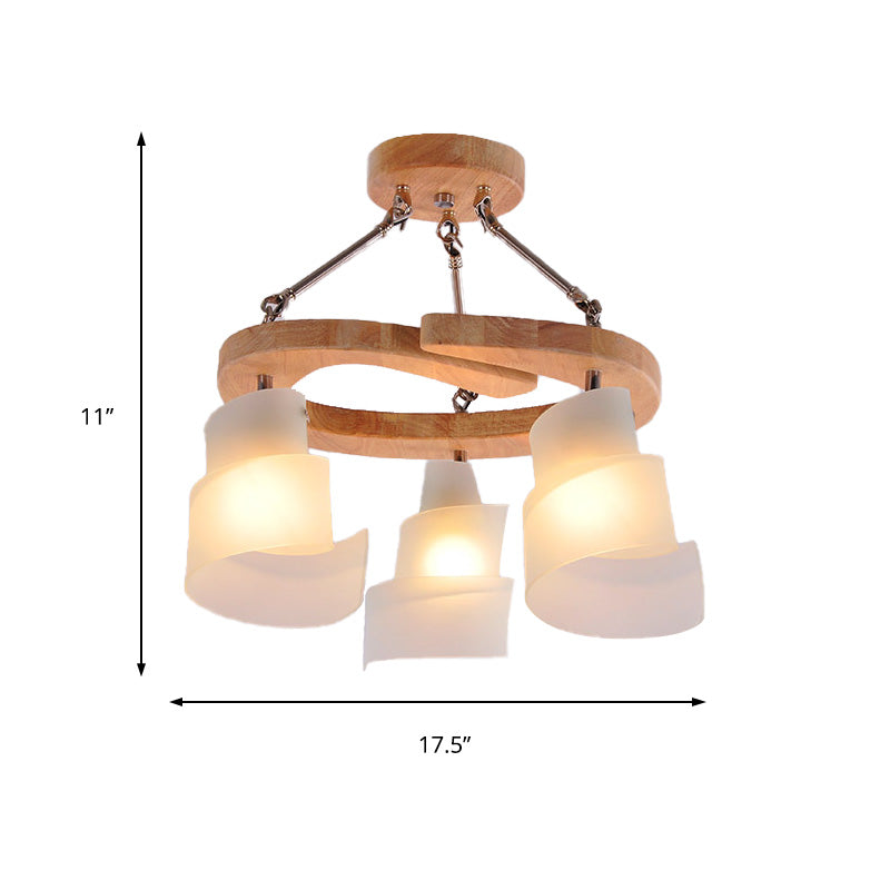 Nordic Frosted Glass Hanging Pendant Light With Spiral Design - Wood Circle Shade Pack Of 3/5 Bulbs