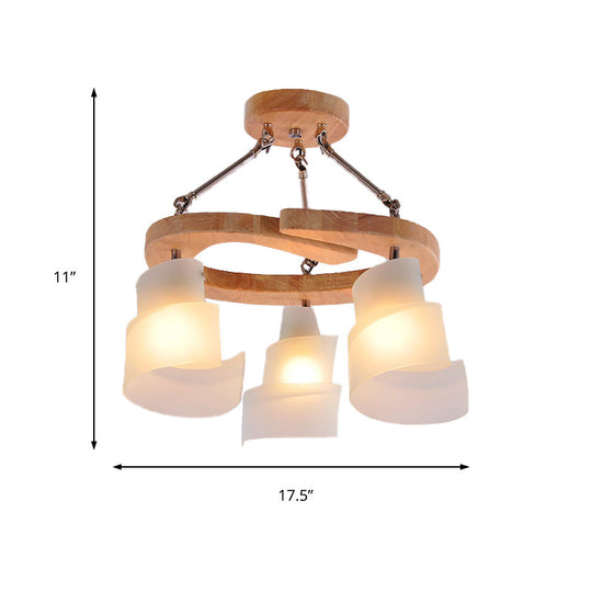 Nordic Frosted Glass Hanging Pendant Light With Spiral Design - Wood Circle Shade Pack Of 3/5 Bulbs