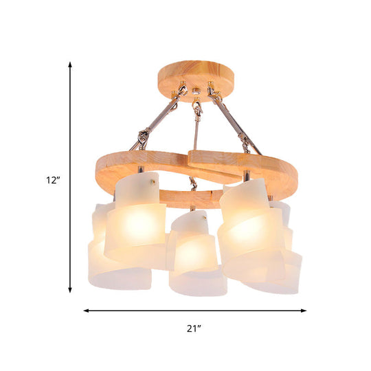 Nordic Frosted Glass Hanging Pendant Light With Spiral Design - Wood Circle Shade Pack Of 3/5 Bulbs