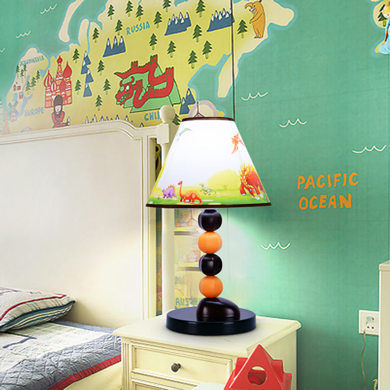 Stylish White Conic Shade Table Lamp With Cartoon Rudder/Dinosaur Pattern - 1 Light Fabric And Metal