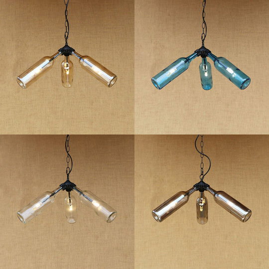 Rustic Blue/Clear Glass Pendant Light Fixture with Chain - Stylish 3 Bulbs Bottle Chandelier Lamp for Restaurants