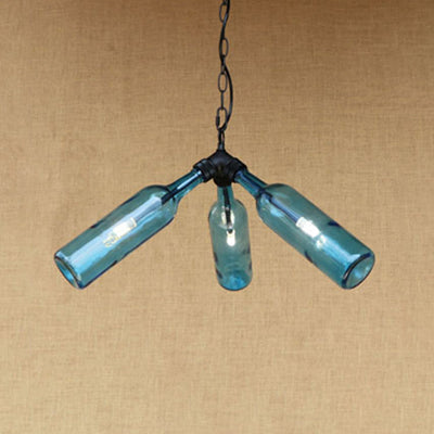 Rustic Blue/Clear Glass Pendant Light Fixture with Chain - Stylish 3 Bulbs Bottle Chandelier Lamp for Restaurants