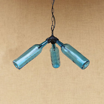 Rustic Blue/Clear Glass Pendant Light Fixture With Chain For Restaurants - 3 Bulbs Bottle Chandelier