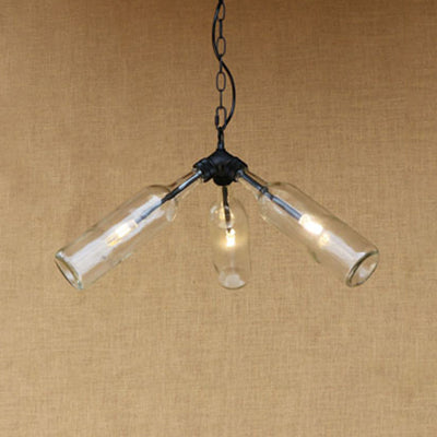 Rustic Blue/Clear Glass Pendant Light Fixture with Chain - Stylish 3 Bulbs Bottle Chandelier Lamp for Restaurants