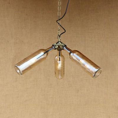 Industrial Style 3-Light Glass Bottle Chandelier with Pipe Design in Black/Clear