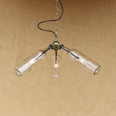 Industrial Glass Bottle Chandelier - 3-Light Hanging Ceiling Light With Pipe Design (Black/Clear)