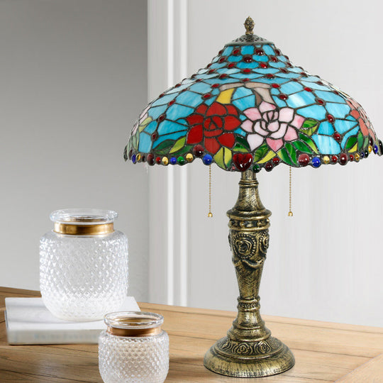 Tiffany Stained Glass Blue Table Lamp With Pull Chain - Rose Pattern 3 Heads Nightstand Lighting