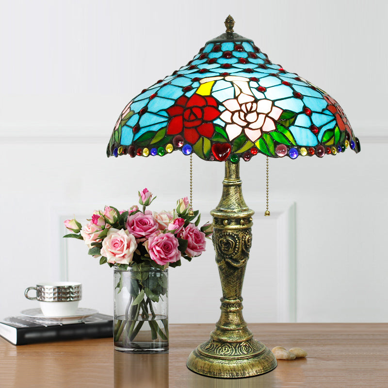 Tiffany Stained Glass Blue Table Lamp With Pull Chain - Rose Pattern 3 Heads Nightstand Lighting