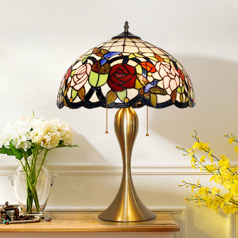 Traditional Stained Glass Dome Nightstand Lamp With 3 Heads Brass Pull Chain Floral And Bird Pattern