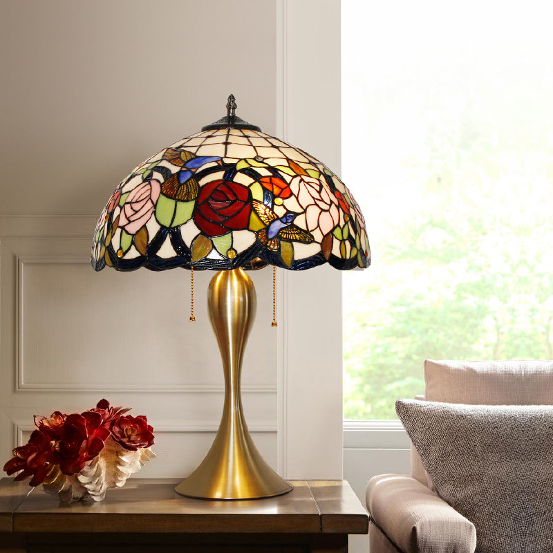 Traditional Stained Glass Dome Nightstand Lamp With 3 Heads Brass Pull Chain Floral And Bird Pattern