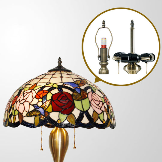 Traditional Stained Glass Dome Nightstand Lamp With 3 Heads Brass Pull Chain Floral And Bird Pattern