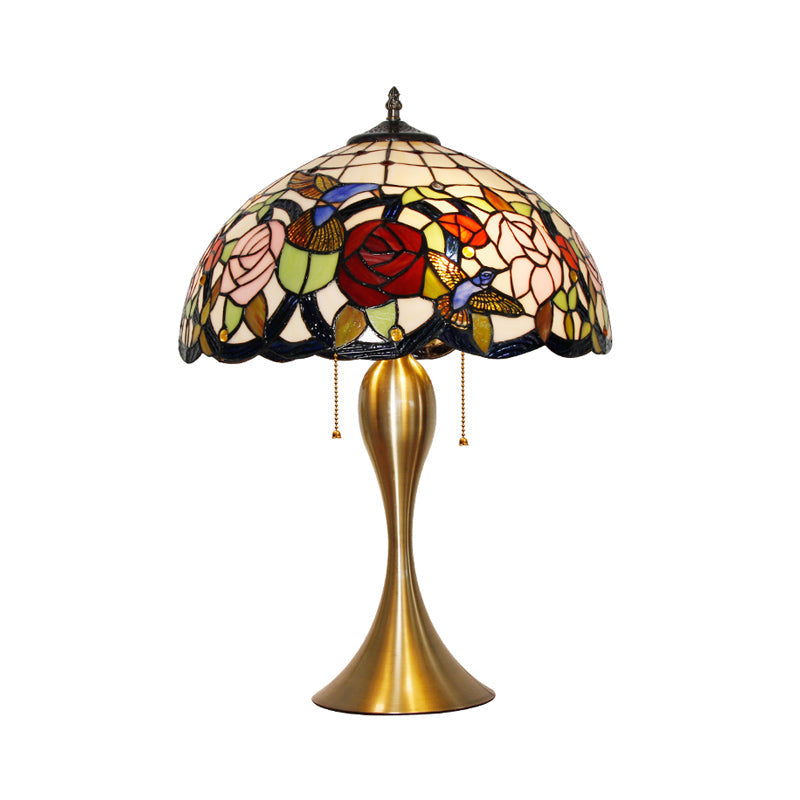 Traditional Stained Glass Dome Nightstand Lamp With 3 Heads Brass Pull Chain Floral And Bird Pattern