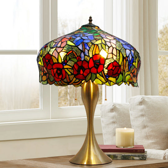 Gold Stained Glass Table Lamp With Flower Pattern - Classic Nightstand Lighting 3 Bulbs Pull Chain /