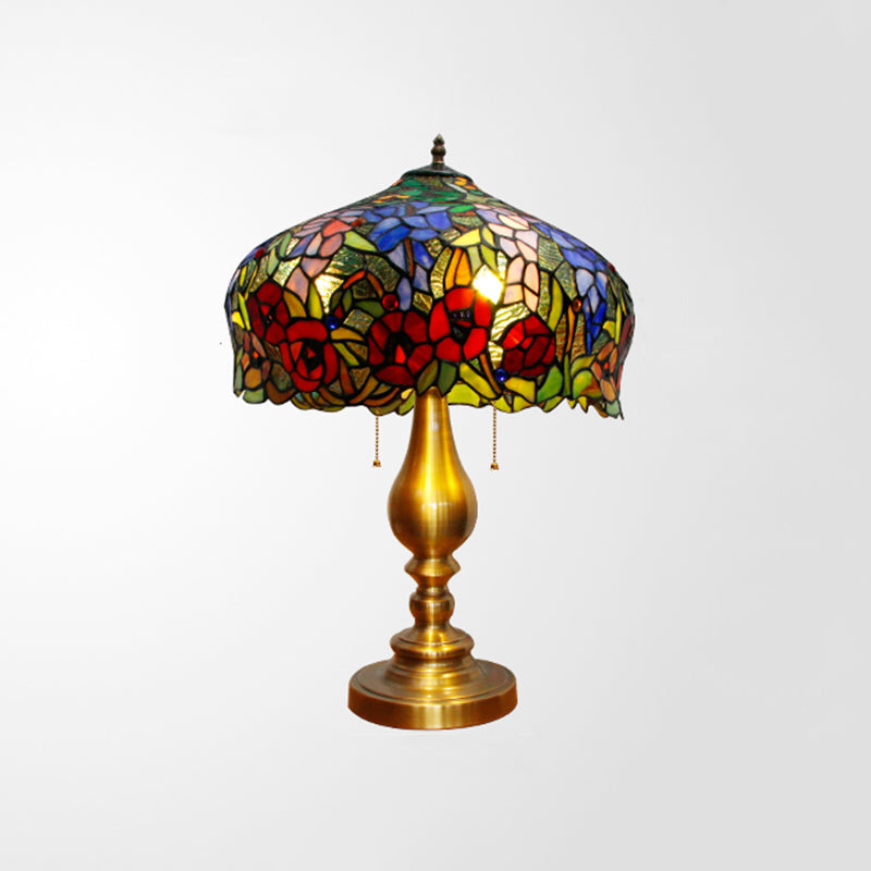 Gold Stained Glass Table Lamp With Flower Pattern - Classic Nightstand Lighting 3 Bulbs Pull Chain