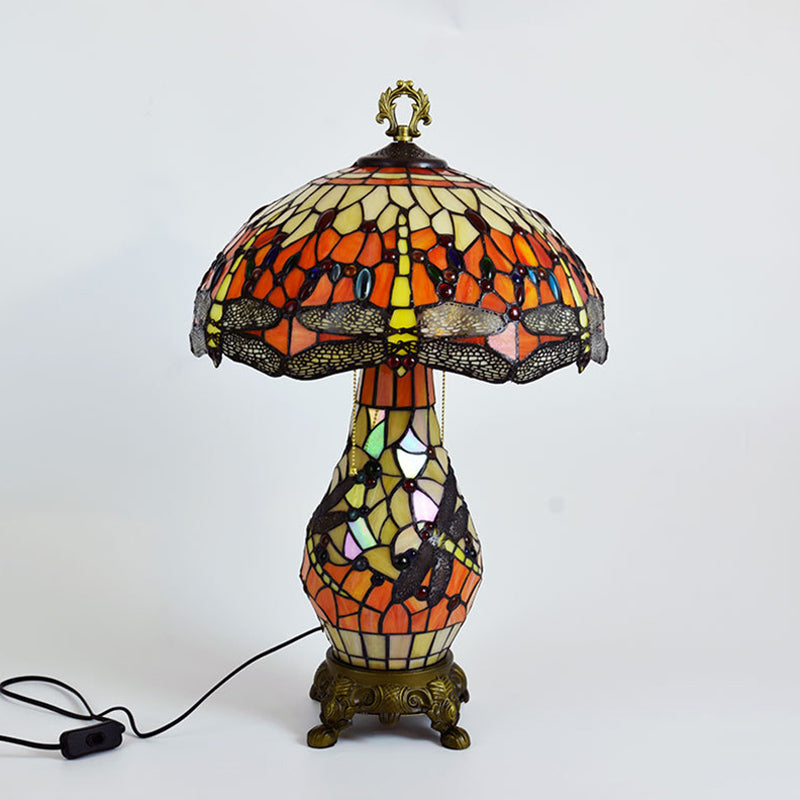 Vintage 3-Bulb Mushroom Nightstand Lamp - Orange Stained Glass Table Light With Dragonfly Pattern