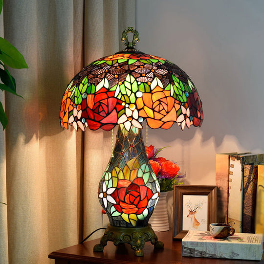 3-Headed Green Tiffany Stained Art Glass Rose Pattern Table Lamp With Mushroom Shade - Nightstand