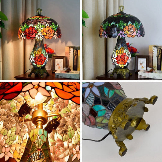 3-Headed Green Tiffany Stained Art Glass Rose Pattern Table Lamp With Mushroom Shade - Nightstand