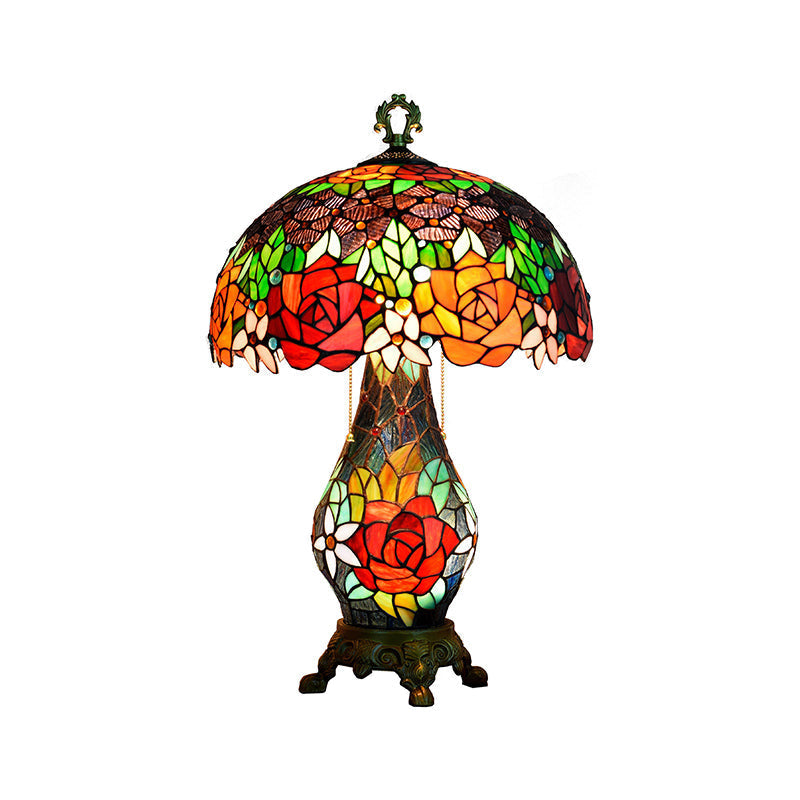 3-Headed Green Tiffany Stained Art Glass Rose Pattern Table Lamp With Mushroom Shade - Nightstand