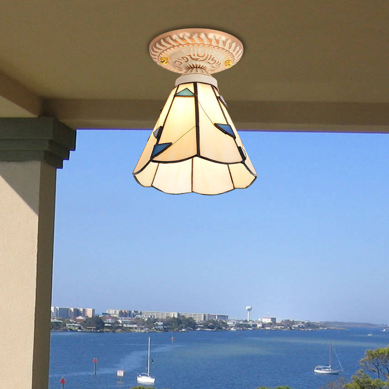 Tiffany Style Handcrafted Art Glass Semi Flush Ceiling Light Fixture With Bell Shade Beige