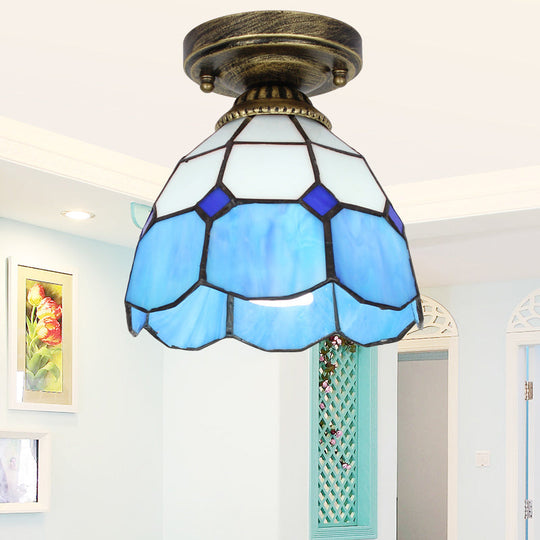 Tiffany Bell Shaped Semi Flush Light with Gridded Glass Ceiling Mount & Scalloped Trim