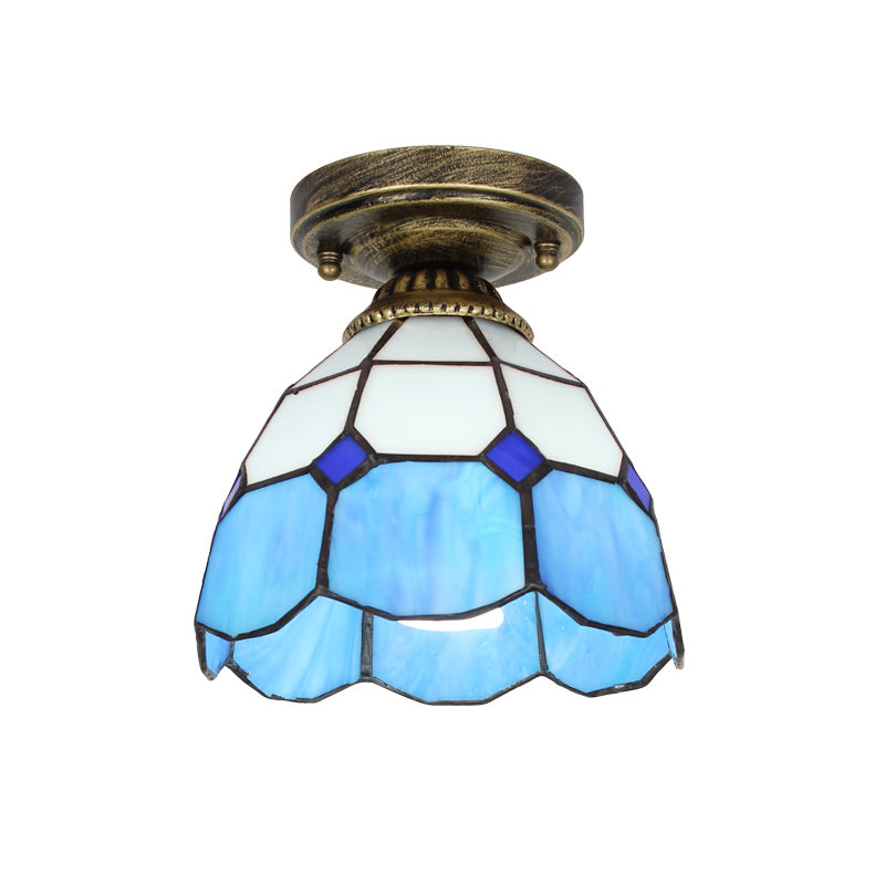 Tiffany Bell Shaped Semi Flush Light with Gridded Glass Ceiling Mount & Scalloped Trim