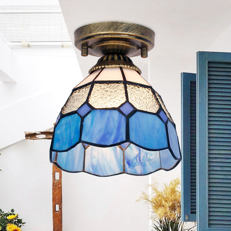 Tiffany Bell Shaped Semi Flush Light with Gridded Glass Ceiling Mount & Scalloped Trim