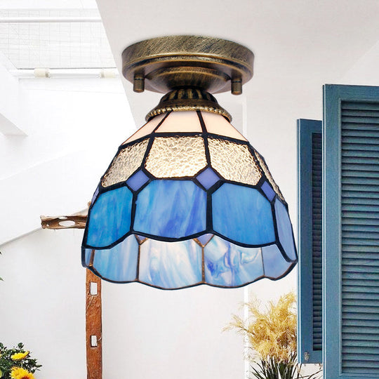 Tiffany Bell Shaped Semi Flush Light with Gridded Glass Ceiling Mount & Scalloped Trim