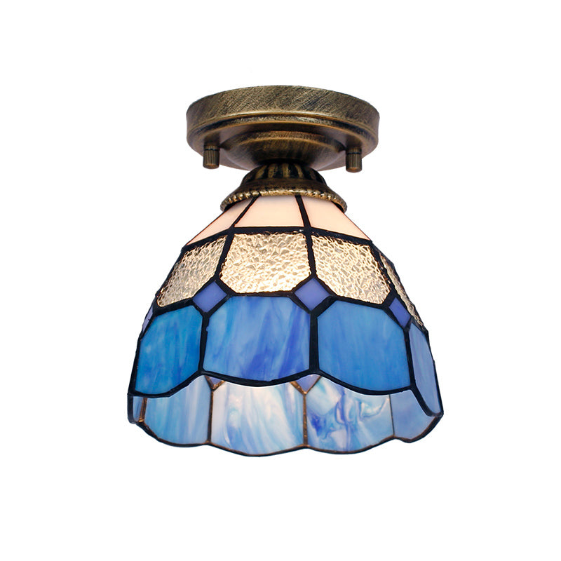 Tiffany Bell Shaped Semi Flush Light with Gridded Glass Ceiling Mount & Scalloped Trim