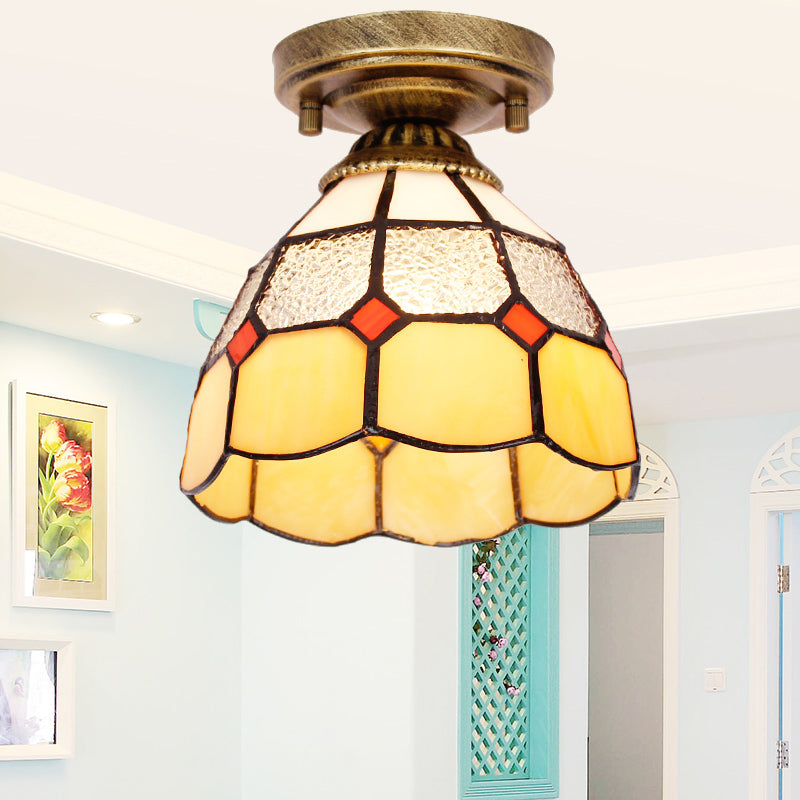 Tiffany Bell Shaped Semi Flush Light with Gridded Glass Ceiling Mount & Scalloped Trim