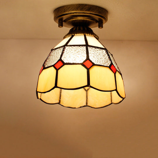 Tiffany Bell Shaped Semi Flush Light with Gridded Glass Ceiling Mount & Scalloped Trim