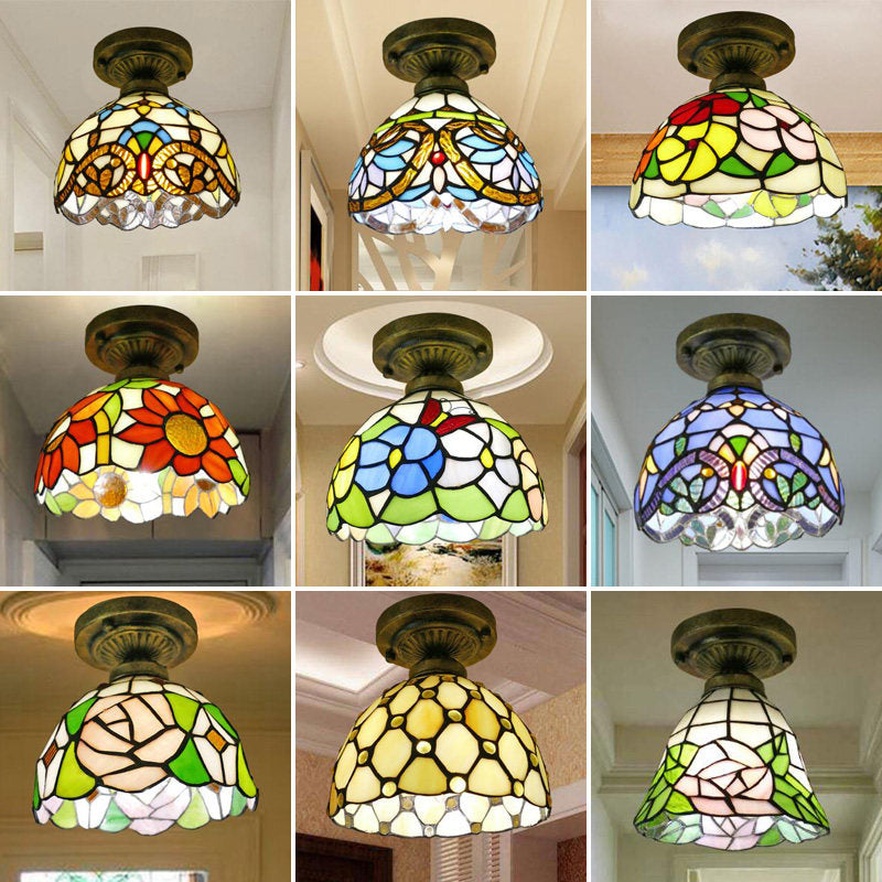 Stained Glass Vintage Dome Ceiling Light Fixture for Corridor - Semi Flush, Includes 1 Bulb