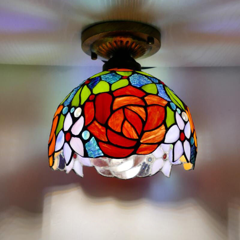 Tiffany Style Stained Glass Semi Flush Ceiling Light Fixture with Bowl Shade