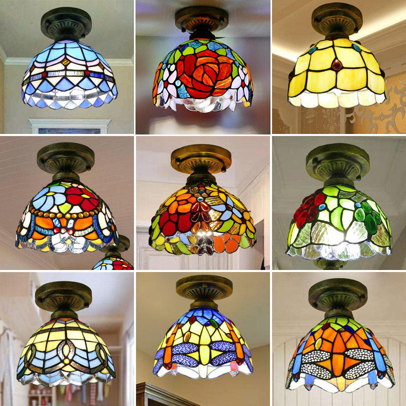 Tiffany Style Stained Glass Semi Flush Ceiling Light Fixture with Bowl Shade