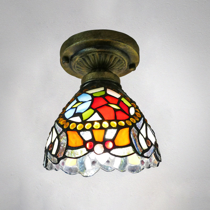 Tiffany Style Stained Glass Semi Flush Ceiling Light Fixture with Bowl Shade