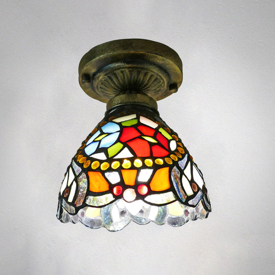 Tiffany Style Stained Glass Semi Flush Ceiling Light Fixture with Bowl Shade